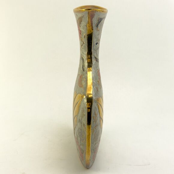 Vintage Enamel Floral Brass Vase Art Nouveau Style Gold 9” - Picture 5 of 10